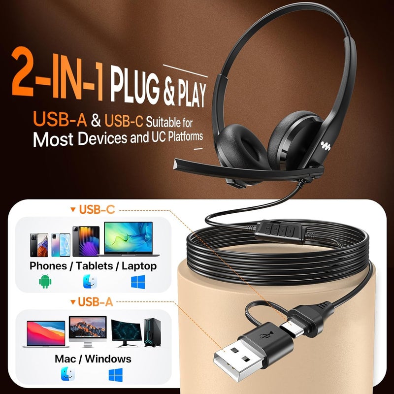 Necode USB Headset with Microphone for PC，Wired Computer Laptop Headset with Noise Cancelling Microphone, Work Headphones with Mic for Home Office Teams Zoom (USB-A&C)-Black - Image 3